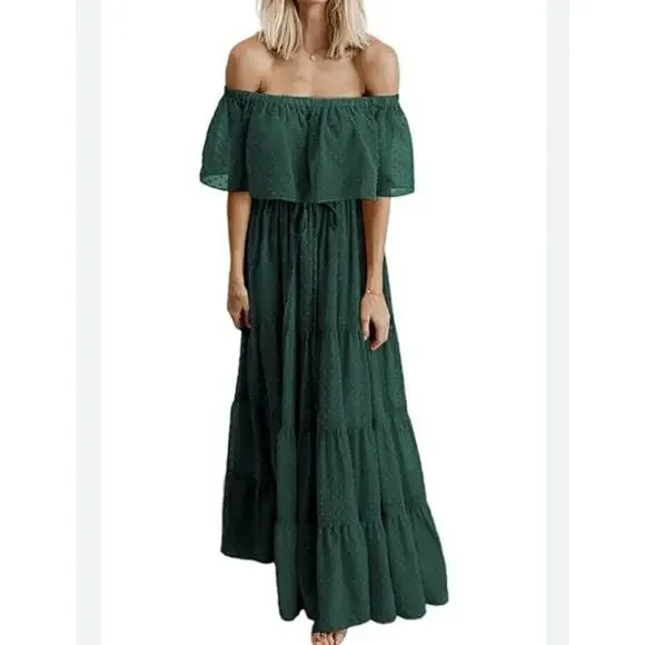 SHEIN | Dresses | Shein Green Off The Shoulder Maxi Dress Plus Size 3xl  Polka Dot | Poshmark